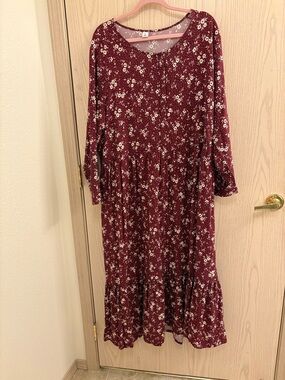 Prairie style Women's Burgundy Floral Long Sleeve Maxi Dress.